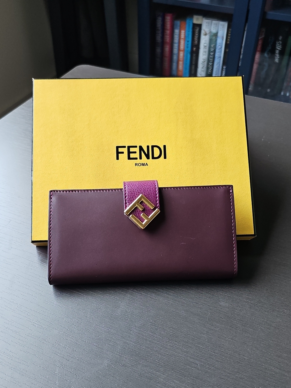 Fendi Plum Leather Continental Wallet with Plum Snap Tab and Gold Hardware